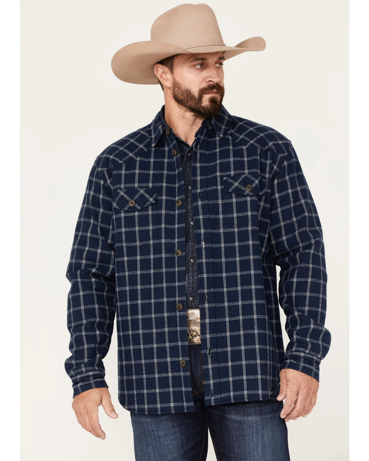 Cody James Men's Ghost Tree Plaid Button Down Sherpa Bonded Western Flannel Shirt Jacket - Image 2